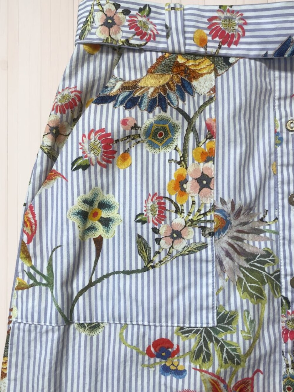 River Island Floral Bird Striped Midi Skirt Button-Front Tie-Waist Cotton Sz 4 - Picture 4 of 6